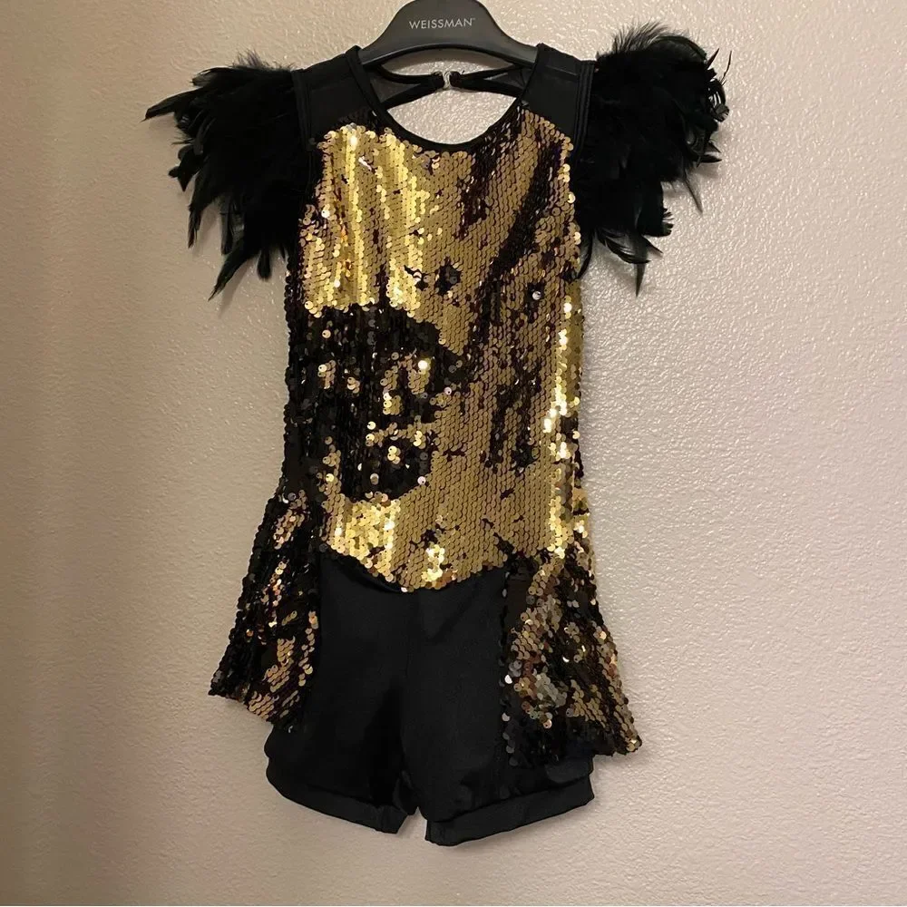 WEISSMAN Dance Costume sassy sequin Montero 14333 black gold feathers -MC 10/12